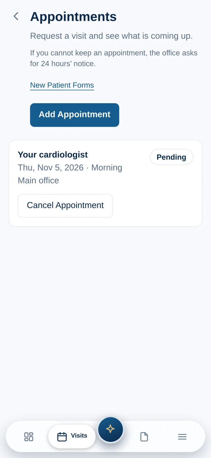 Appointments: an Add Appointment button and one requested visit with Your cardiologist, Thursday November 5, 2026, morning, at the Main office, marked Pending, with Cancel Appointment.