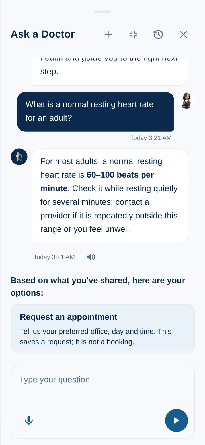 Ask a Doctor: the patient asks what a normal resting heart rate is for an adult; the answer says 60–100 beats per minute for most adults, to check it while resting quietly, and to contact a provider if it is repeatedly outside that range, then offers Request an appointment as the next step.