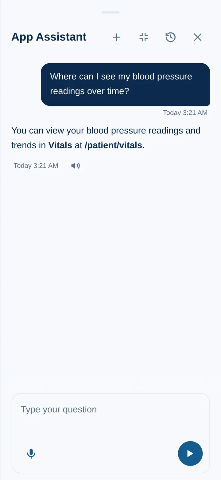 App Assistant: the patient asks where to see blood pressure readings over time; the assistant answers that readings and trends are in Vitals, with a button to read the answer aloud.