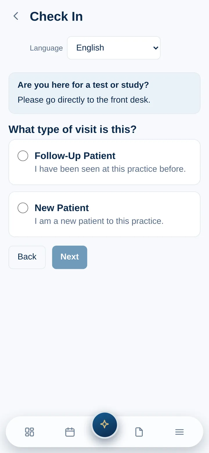 Check In: a language picker, a note to go to the front desk for a test or study, and the question What type of visit is this? with Follow-Up Patient and New Patient.