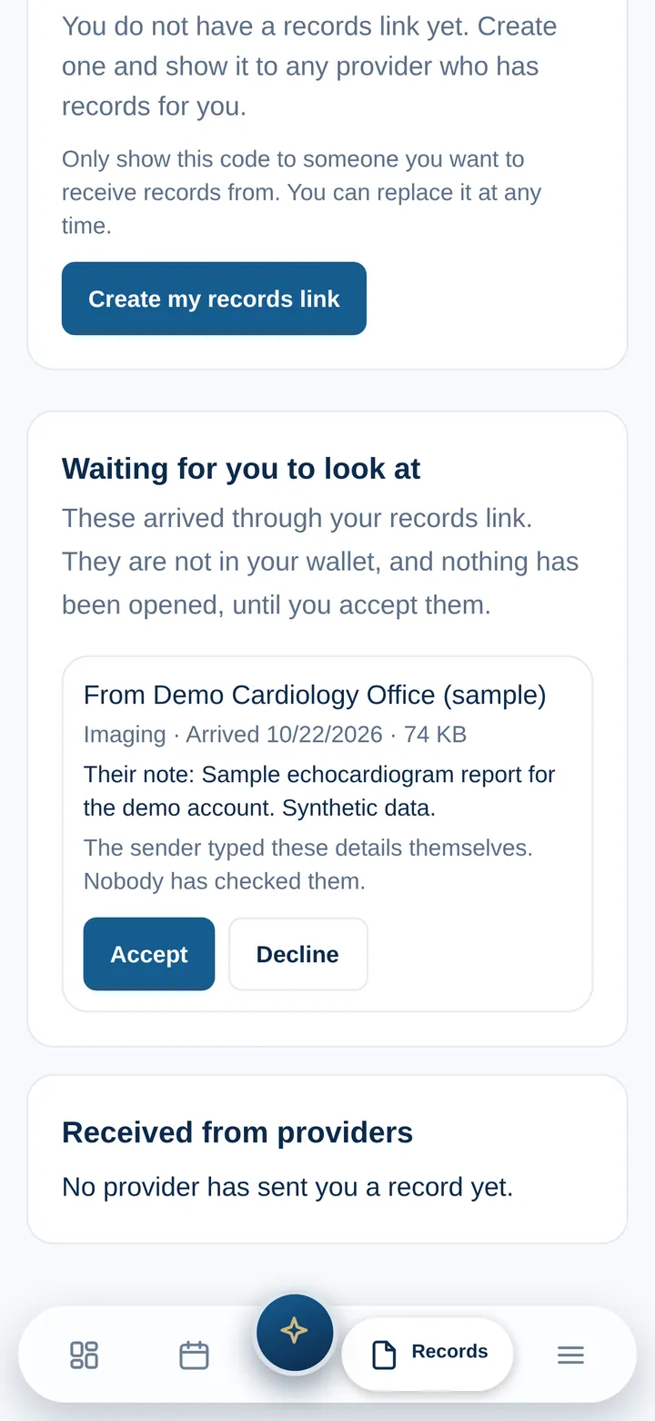 Waiting for you to look at: a sample echocardiogram report from Demo Cardiology Office, with the sender’s note, “The sender typed these details themselves. Nobody has checked them,” and Accept and Decline buttons.