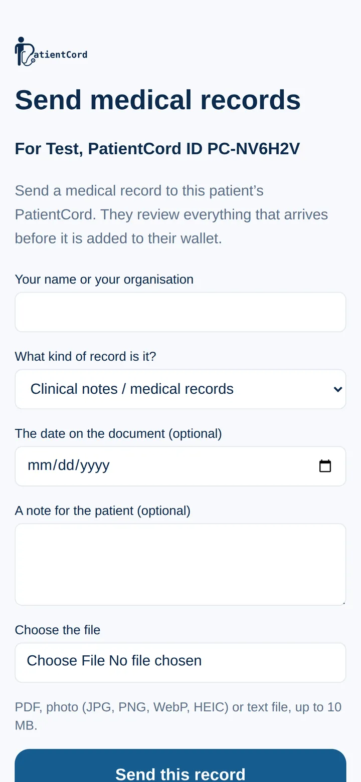 The provider’s side, Send medical records: fields for the sender’s name, the kind of record, the document date, a note for the patient and the file, and a Send this record button.