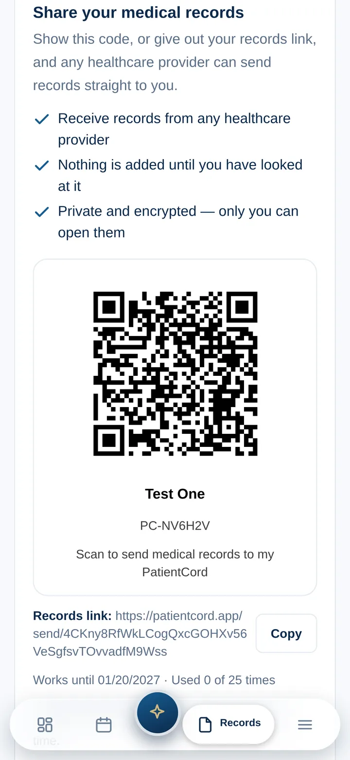 Share your medical records: a QR code with the patient’s name and PatientCord ID, “Scan to send medical records to my PatientCord,” and the records link with a Copy button.