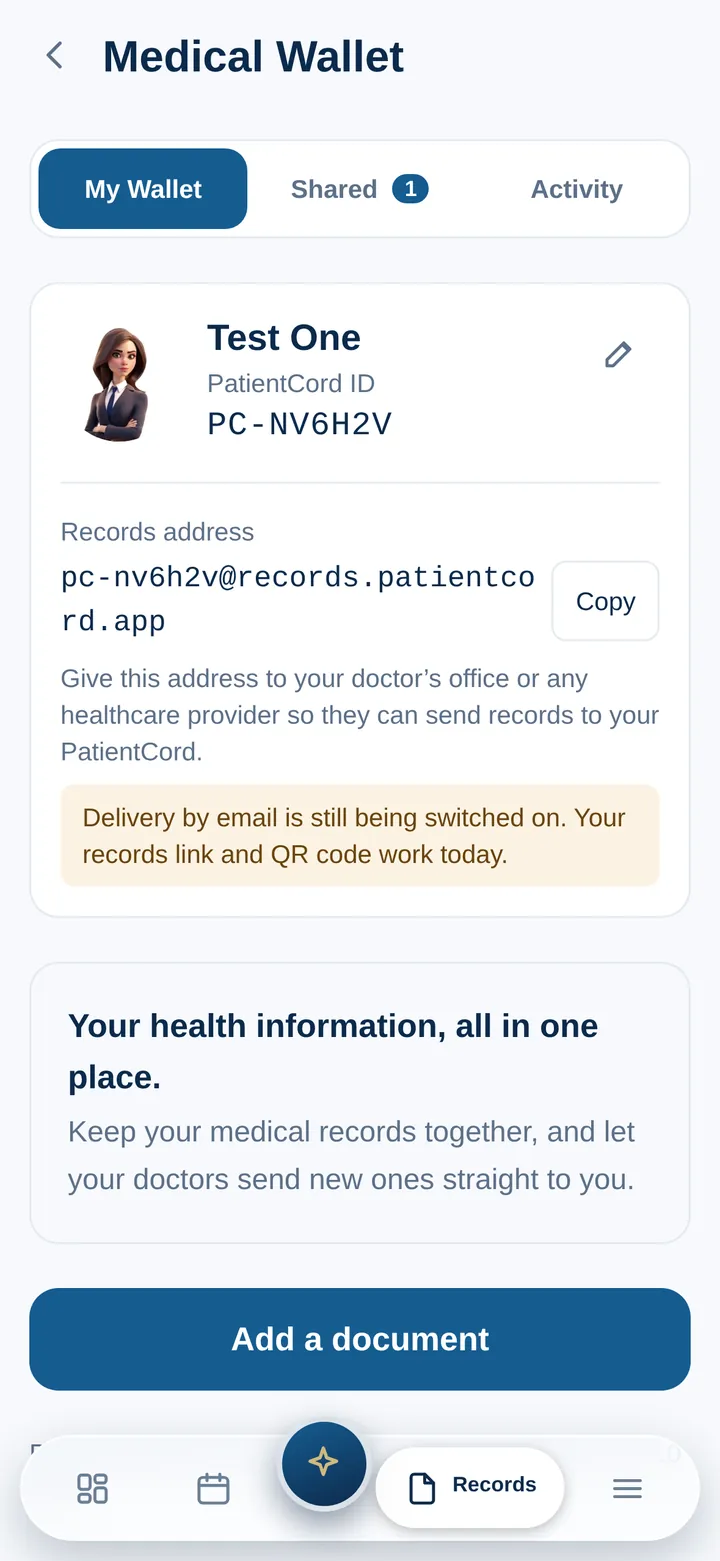 Medical Wallet: My Wallet, Shared and Activity tabs, the patient’s PatientCord ID and records address, and an Add a document button.